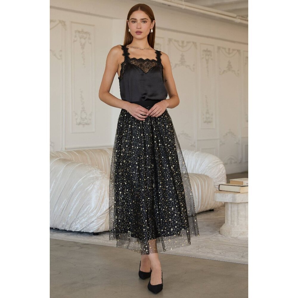 Mesh Gold Detail Star Printed Long Skirt